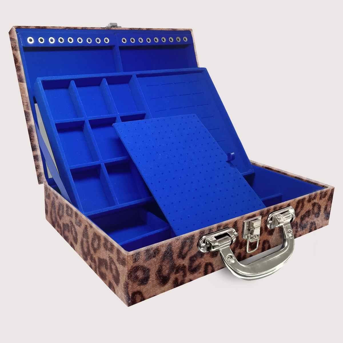 Estojo Maleta Porta Jóias Duplo Grande Onça Leopardo Com Alça Cromada e Espelho