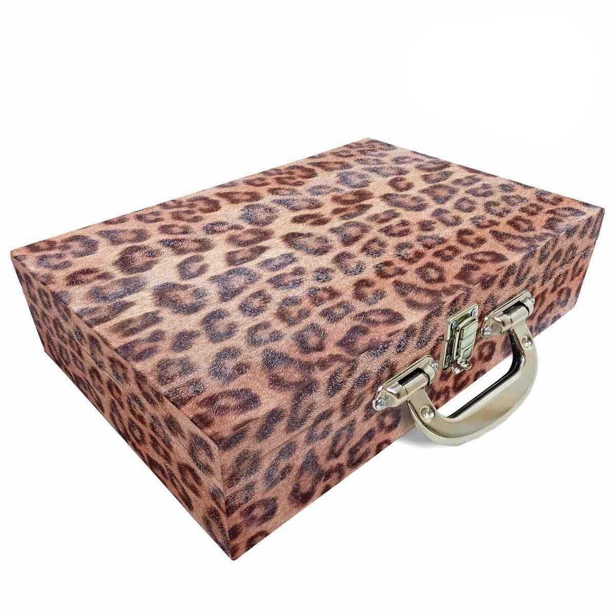 Estojo Maleta Porta Jóias Duplo Grande Onça Leopardo Com Alça Cromada e Espelho