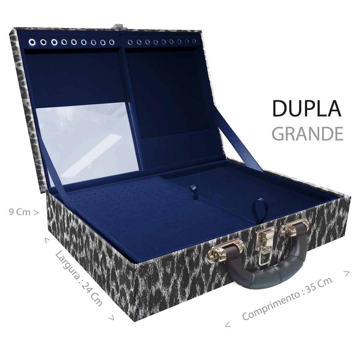 Estojo Maleta Porta Jóias Duplo Grande Onça Preta Com Alça Preta e Espelho