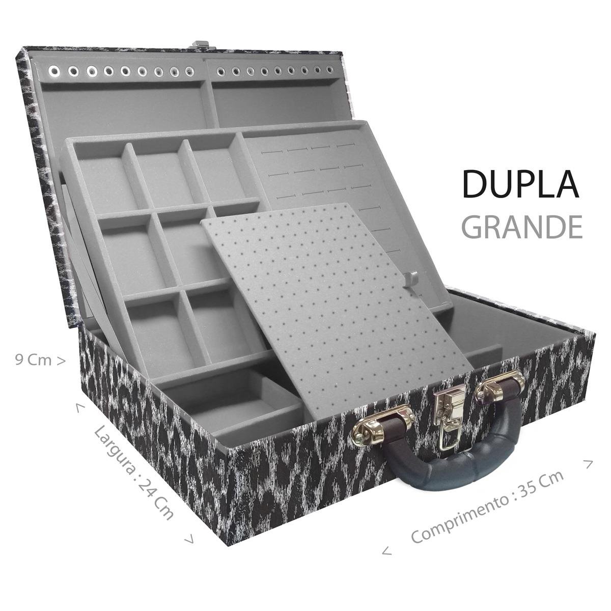 Estojo Maleta Porta Jóias Duplo Grande Onça Preta Com Alça Preta e Espelho