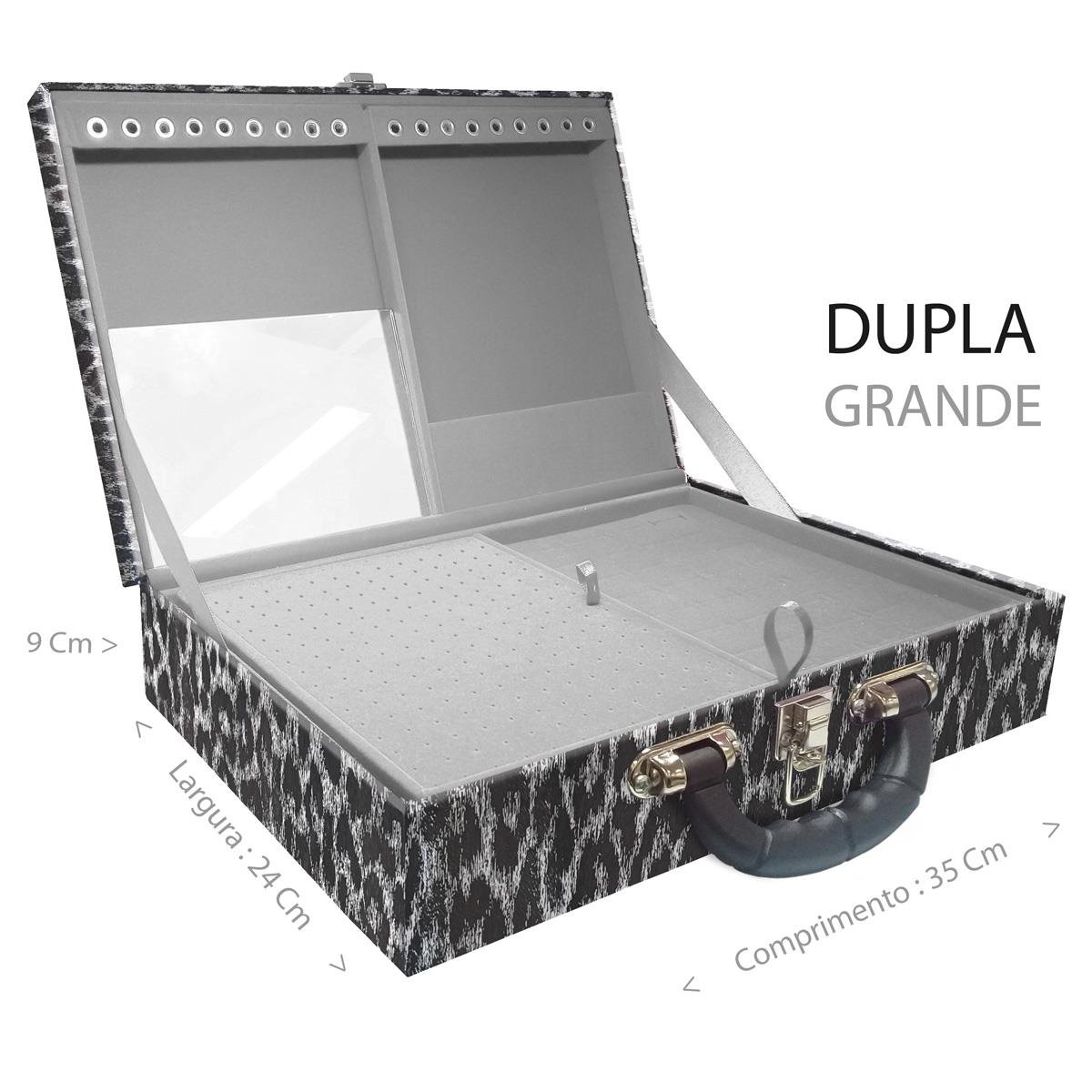 Estojo Maleta Porta Jóias Duplo Grande Onça Preta Com Alça Preta e Espelho