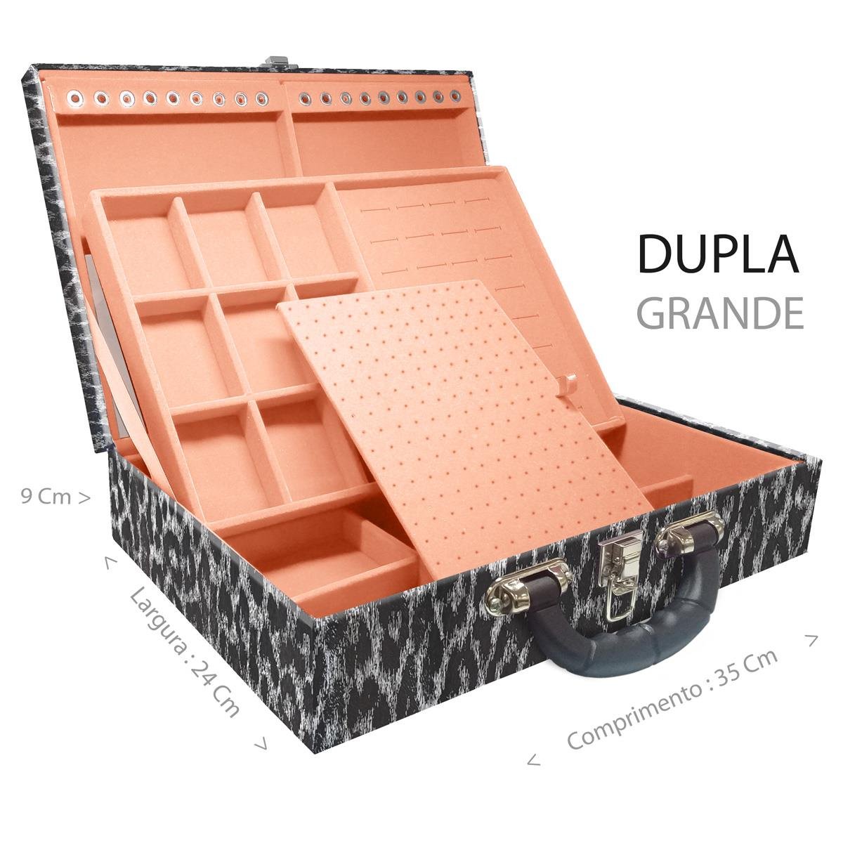 Estojo Maleta Porta Jóias Duplo Grande Onça Preta Com Alça Preta e Espelho