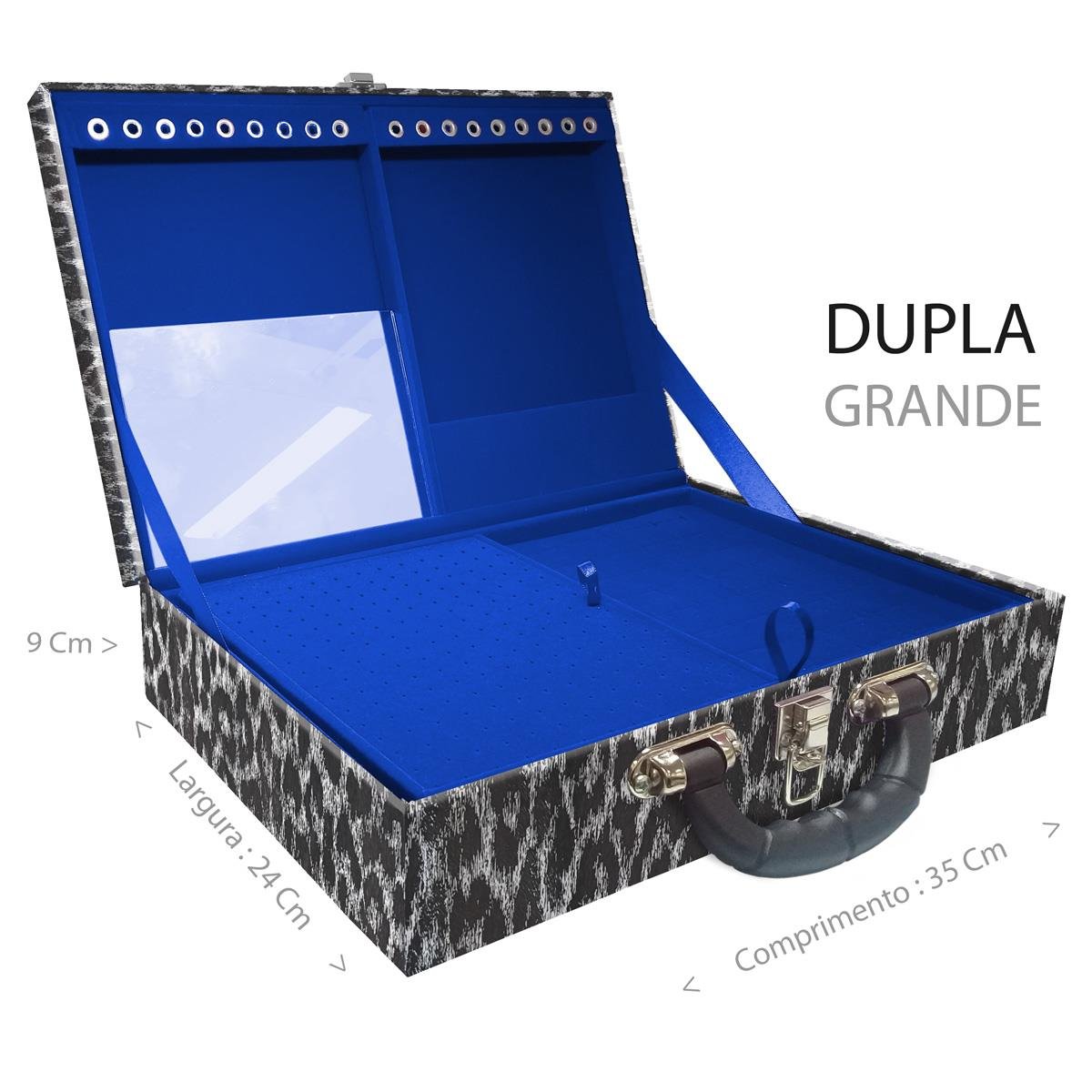 Estojo Maleta Porta Jóias Duplo Grande Onça Preta Com Alça Preta e Espelho