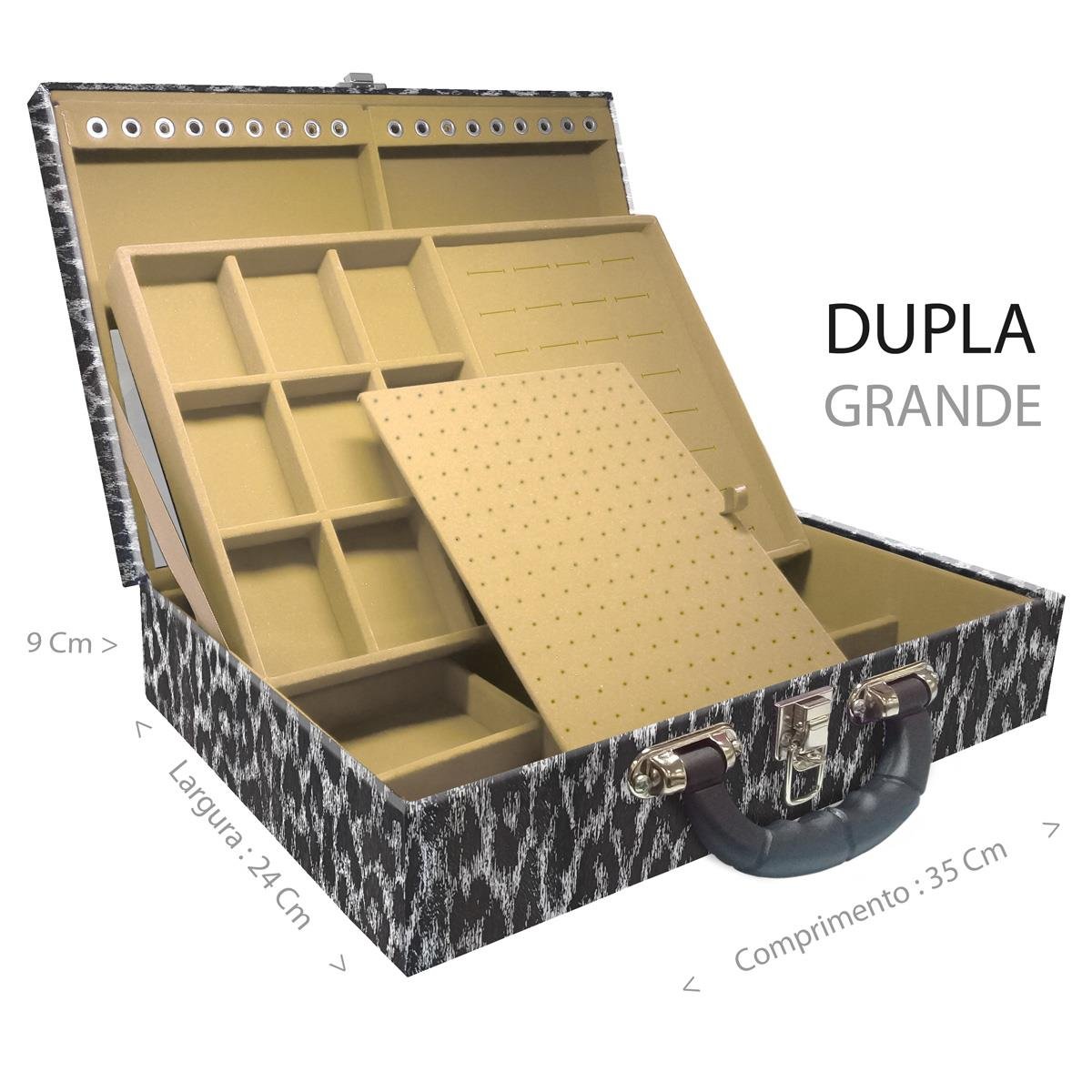 Estojo Maleta Porta Jóias Duplo Grande Onça Preta Com Alça Preta e Espelho