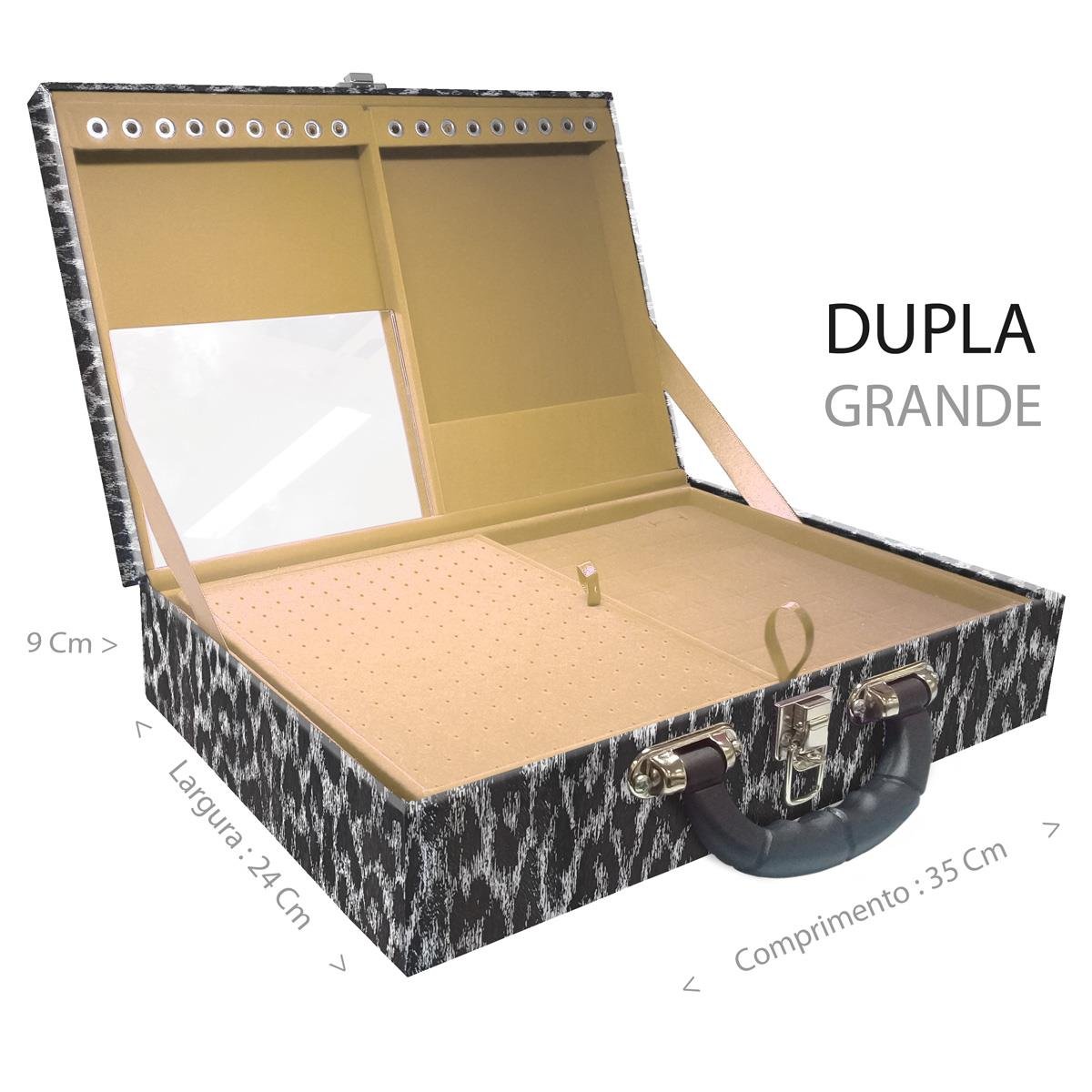 Estojo Maleta Porta Jóias Duplo Grande Onça Preta Com Alça Preta e Espelho