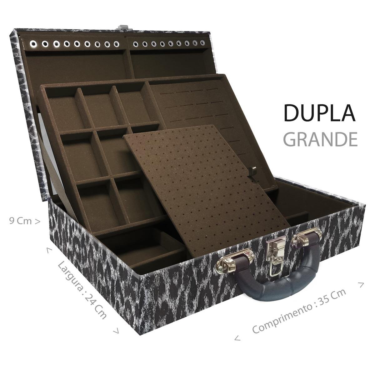 Estojo Maleta Porta Jóias Duplo Grande Onça Preta Com Alça Preta e Espelho
