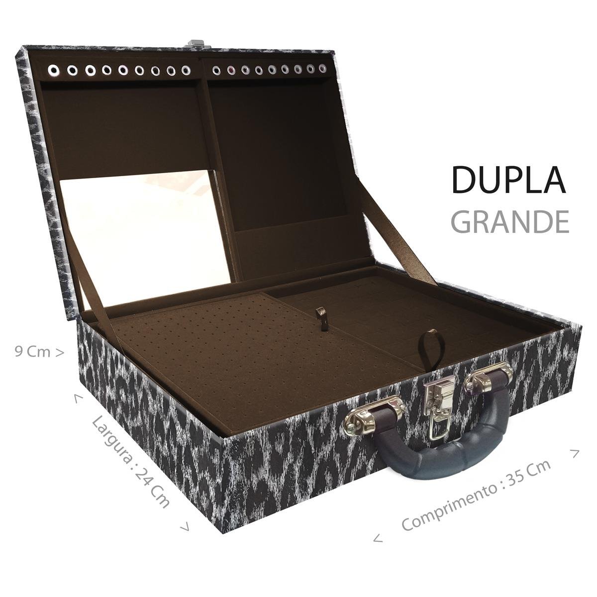 Estojo Maleta Porta Jóias Duplo Grande Onça Preta Com Alça Preta e Espelho