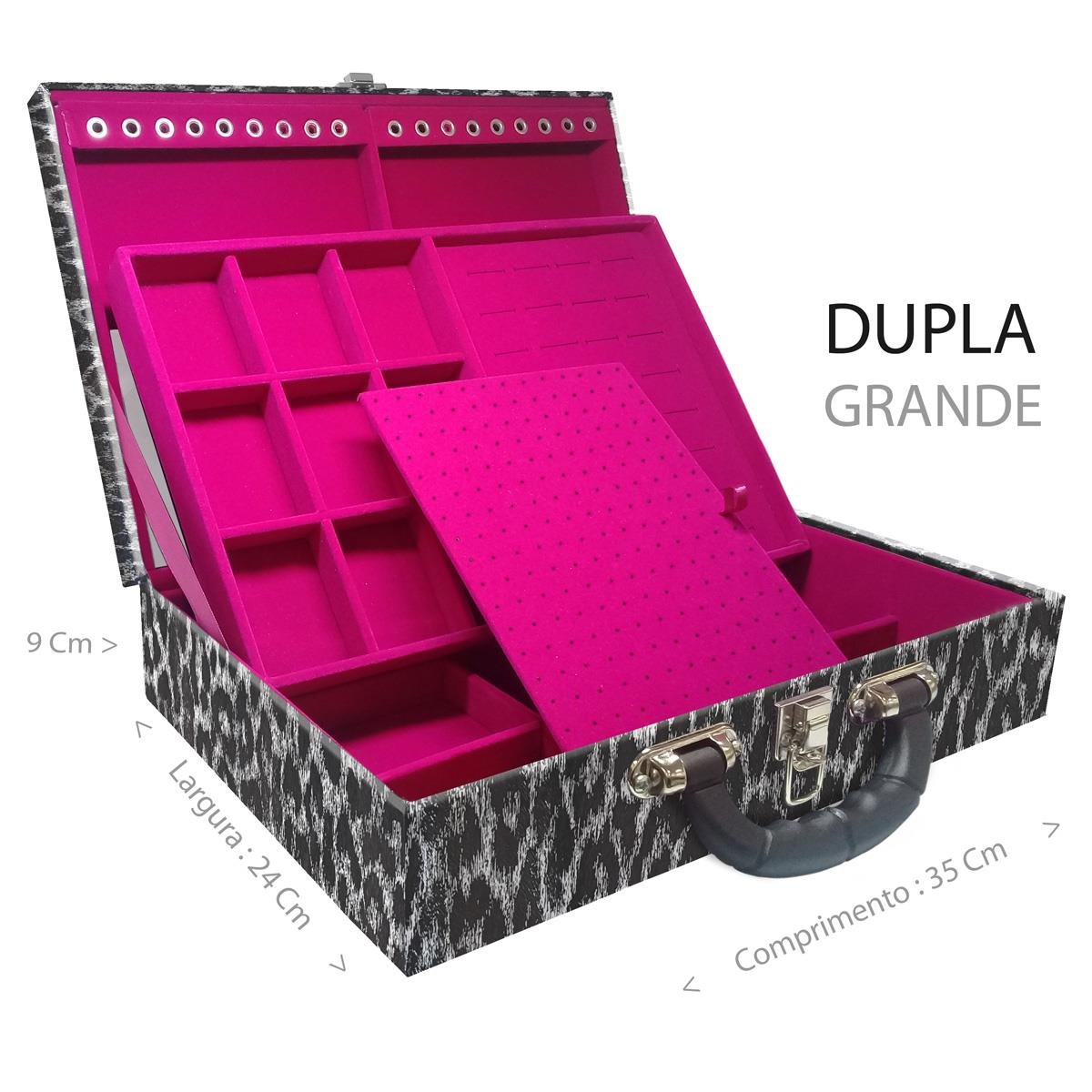 Estojo Maleta Porta Jóias Duplo Grande Onça Preta Com Alça Preta e Espelho