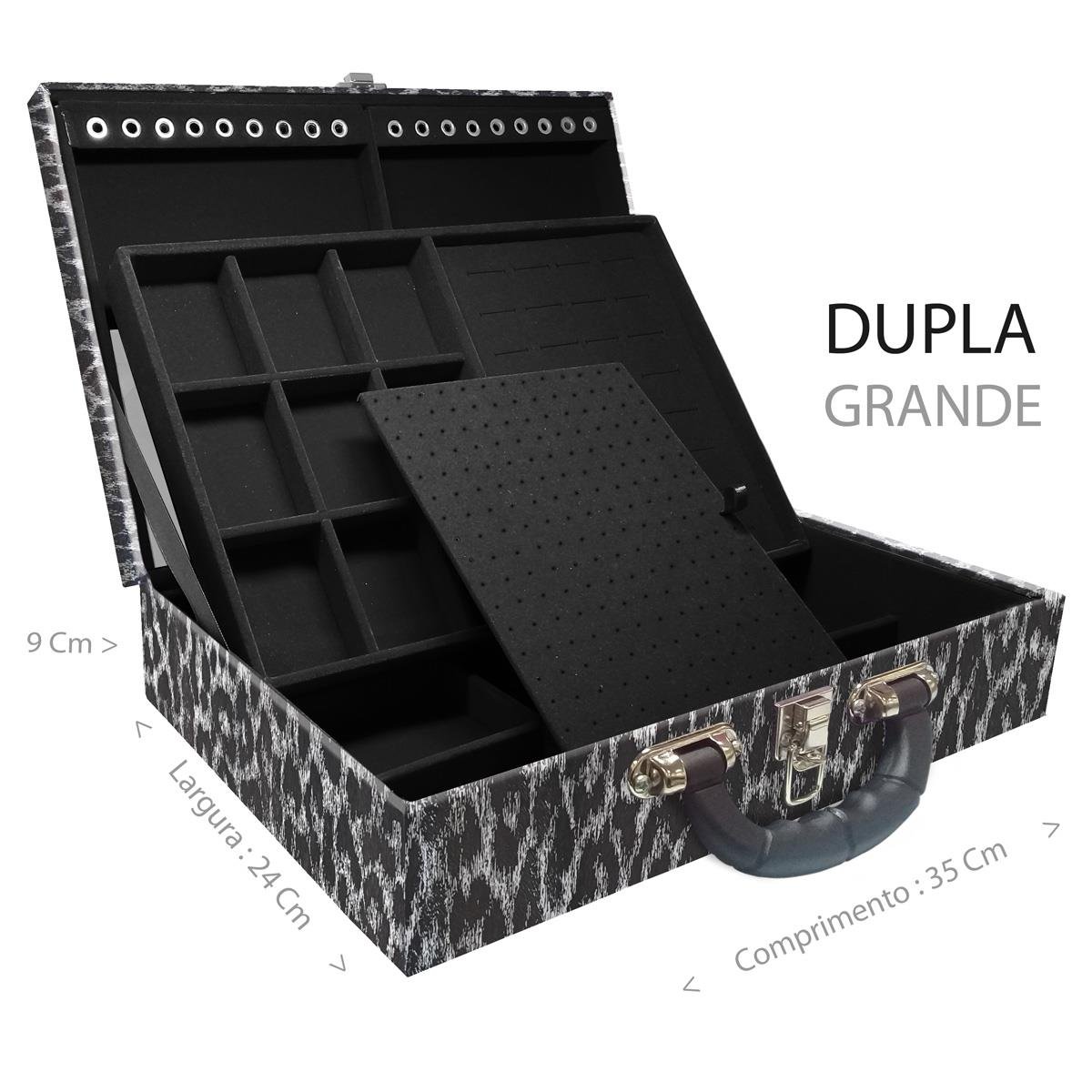 Estojo Maleta Porta Jóias Duplo Grande Onça Preta Com Alça Preta e Espelho