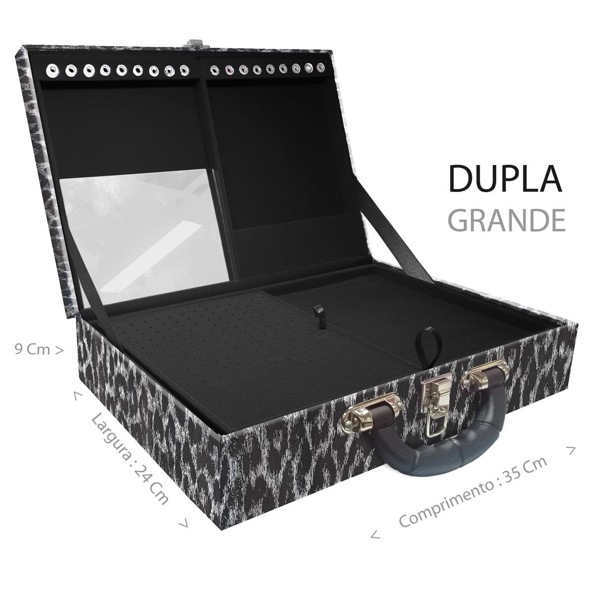 Estojo Maleta Porta Jóias Duplo Grande Onça Preta Com Alça Preta e Espelho