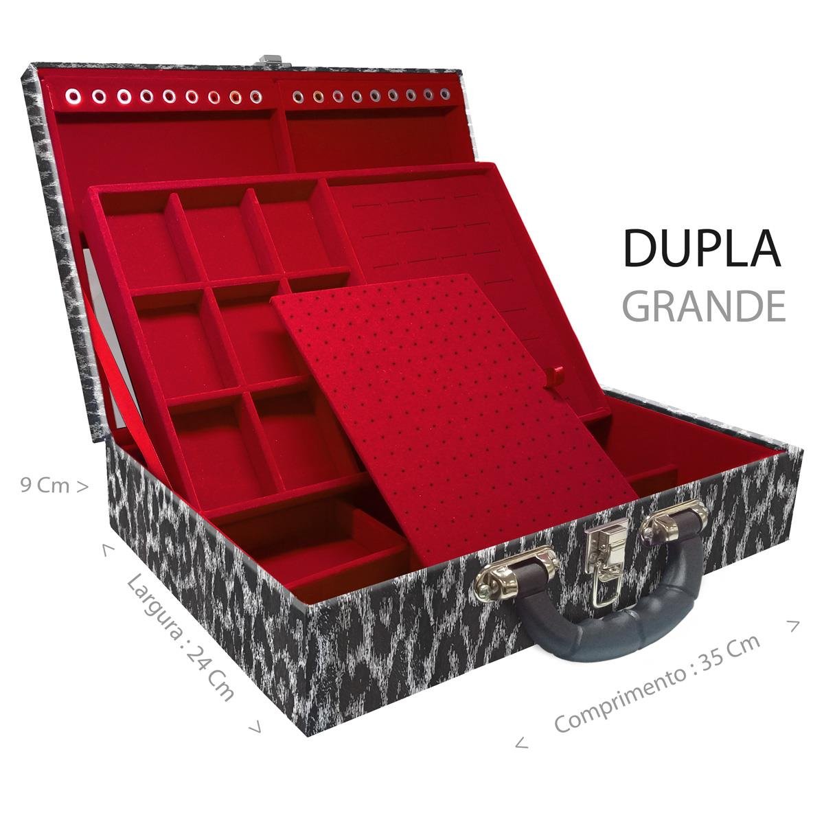 Estojo Maleta Porta Jóias Duplo Grande Onça Preta Com Alça Preta e Espelho