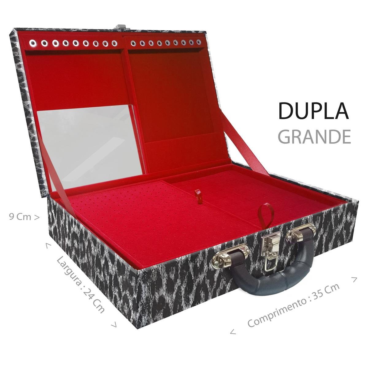 Estojo Maleta Porta Jóias Duplo Grande Onça Preta Com Alça Preta e Espelho