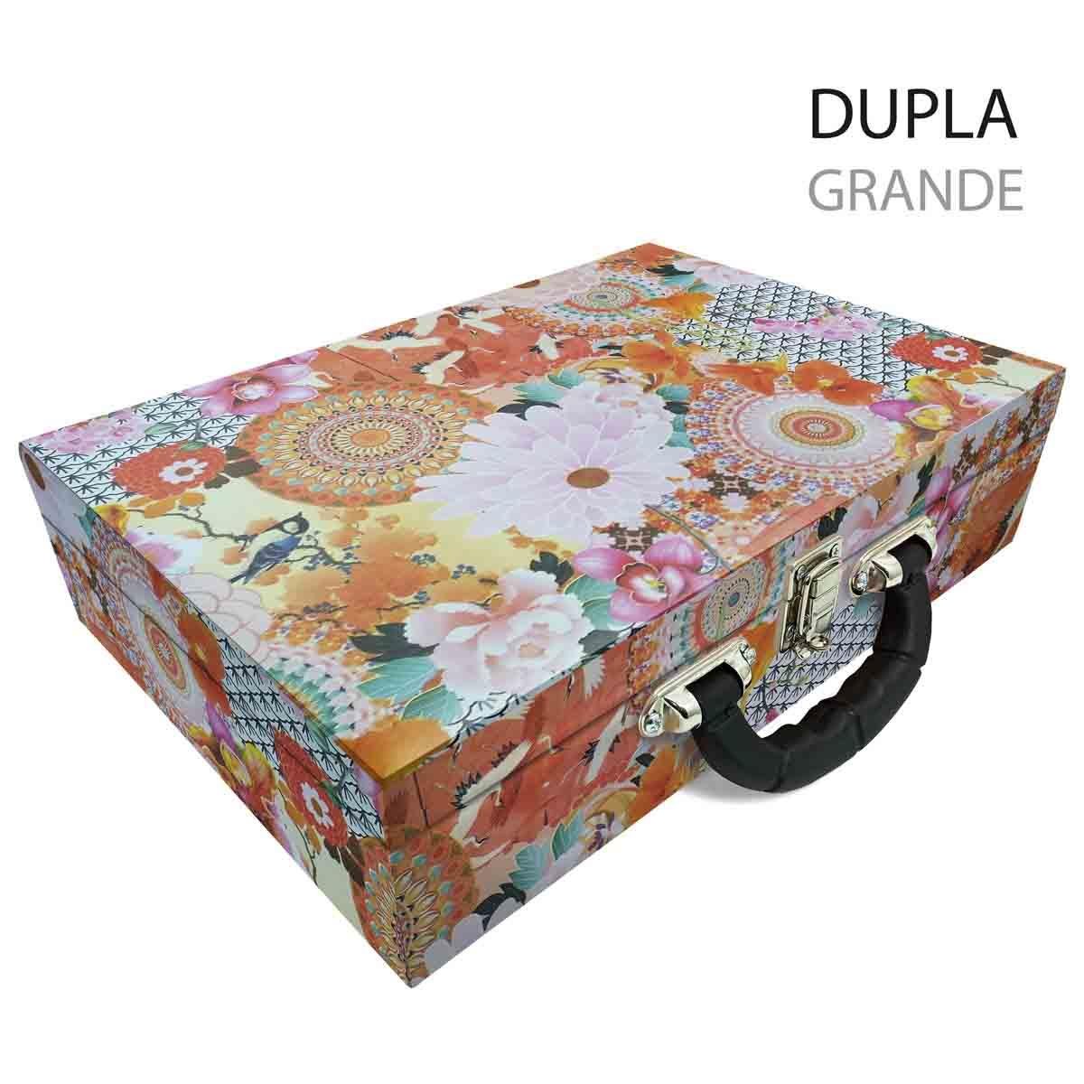Estojo Maleta Porta Jóias Duplo Grande Oriental Com Alça Preta e Espelho
