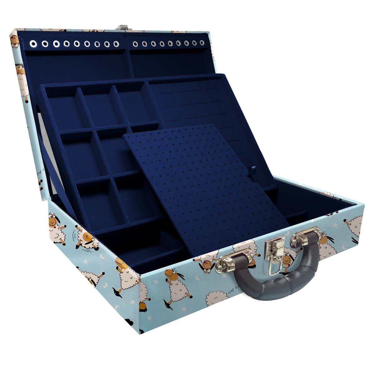 Estojo Maleta Porta Jóias Duplo Grande Ovelha Azul Com Alça Preta e Espelho