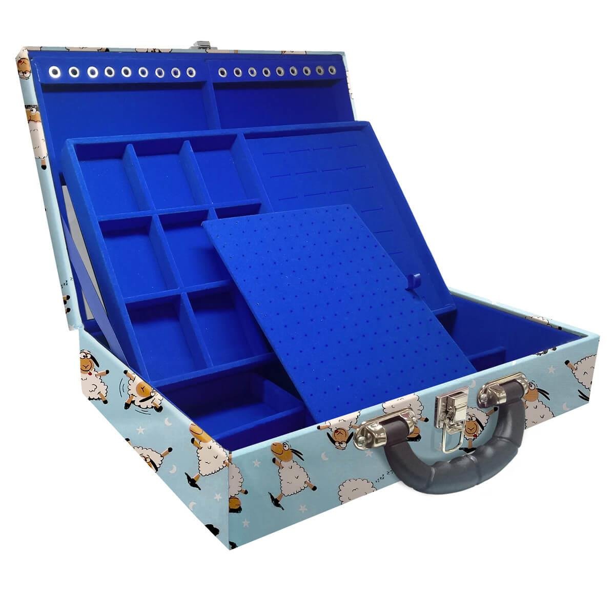 Estojo Maleta Porta Jóias Duplo Grande Ovelha Azul Com Alça Preta e Espelho