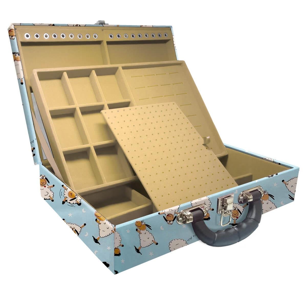 Estojo Maleta Porta Jóias Duplo Grande Ovelha Azul Com Alça Preta e Espelho