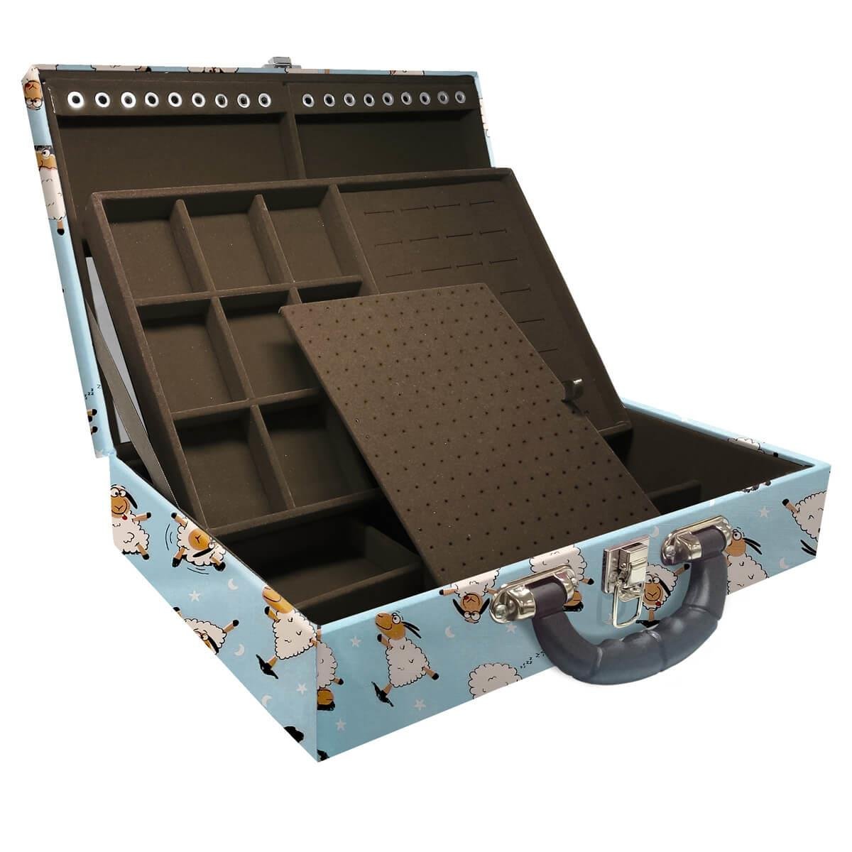 Estojo Maleta Porta Jóias Duplo Grande Ovelha Azul Com Alça Preta e Espelho
