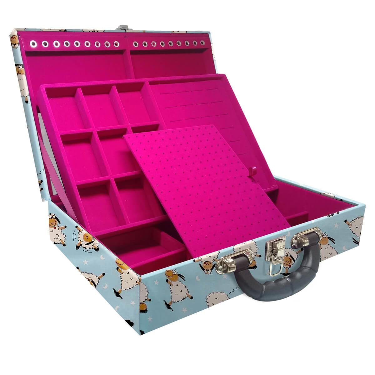 Estojo Maleta Porta Jóias Duplo Grande Ovelha Azul Com Alça Preta e Espelho