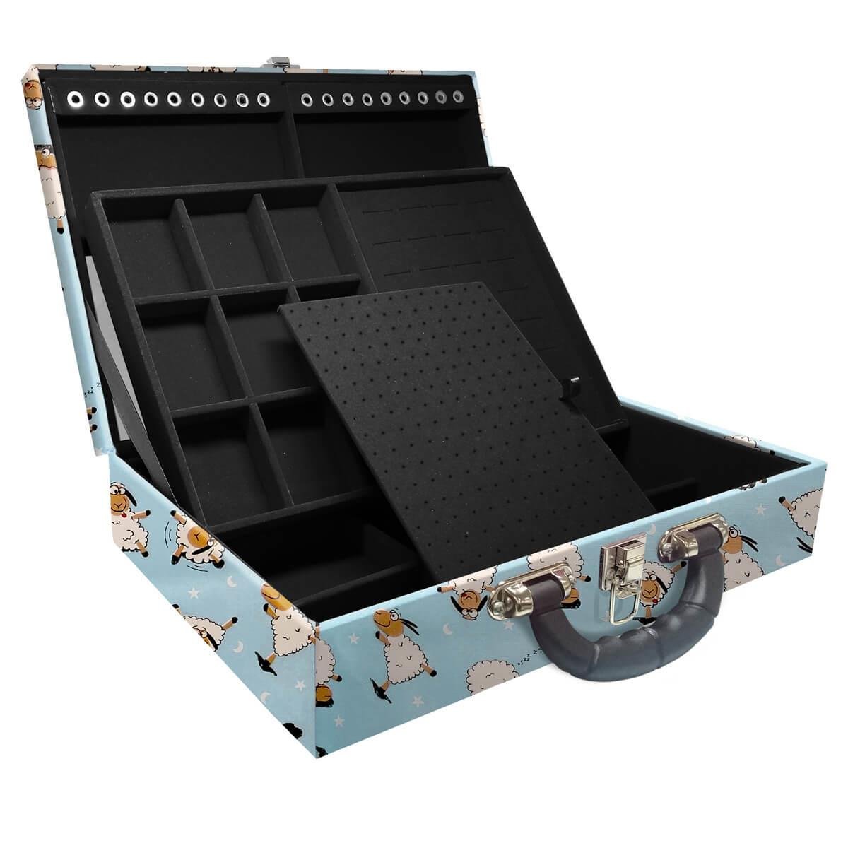 Estojo Maleta Porta Jóias Duplo Grande Ovelha Azul Com Alça Preta e Espelho
