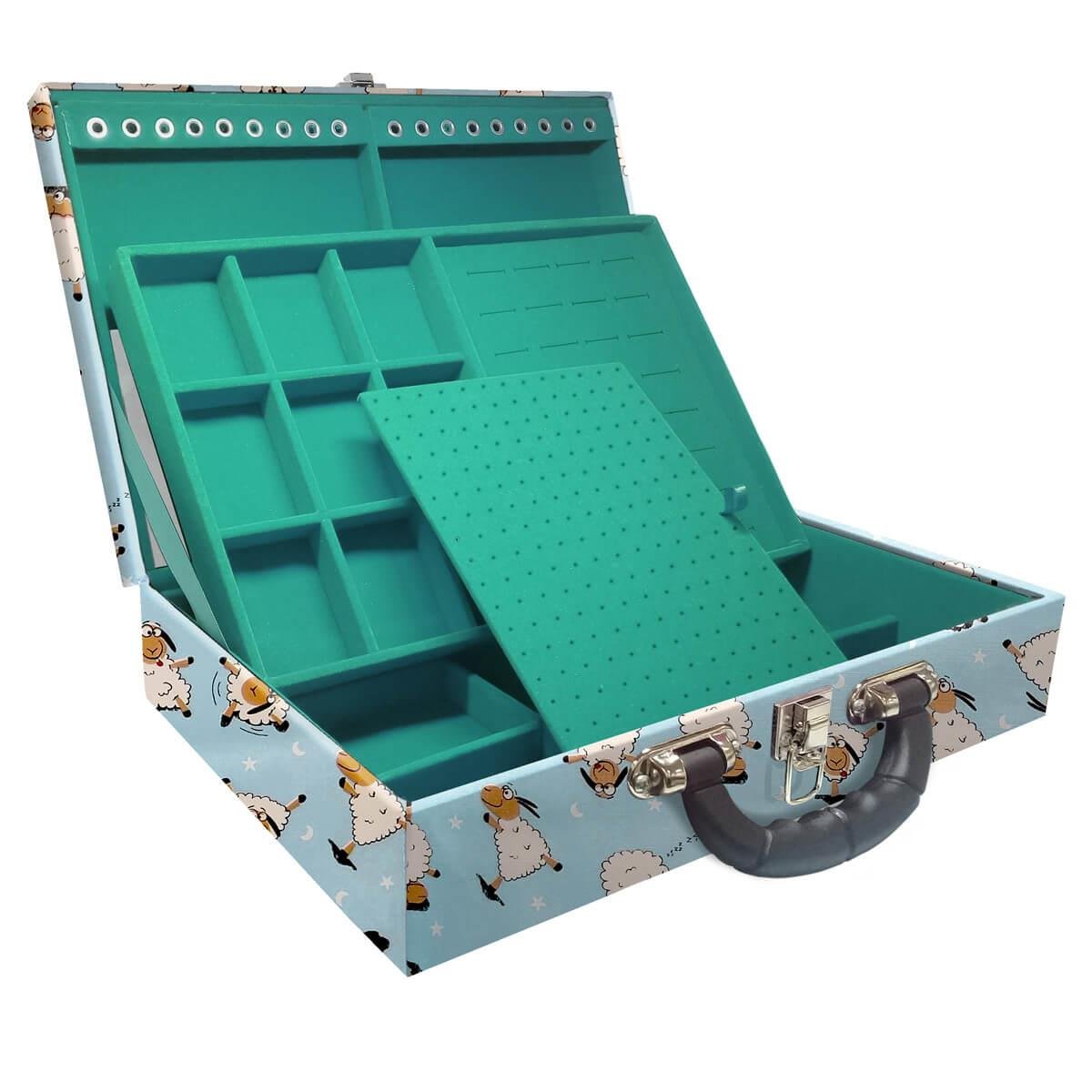 Estojo Maleta Porta Jóias Duplo Grande Ovelha Azul Com Alça Preta e Espelho