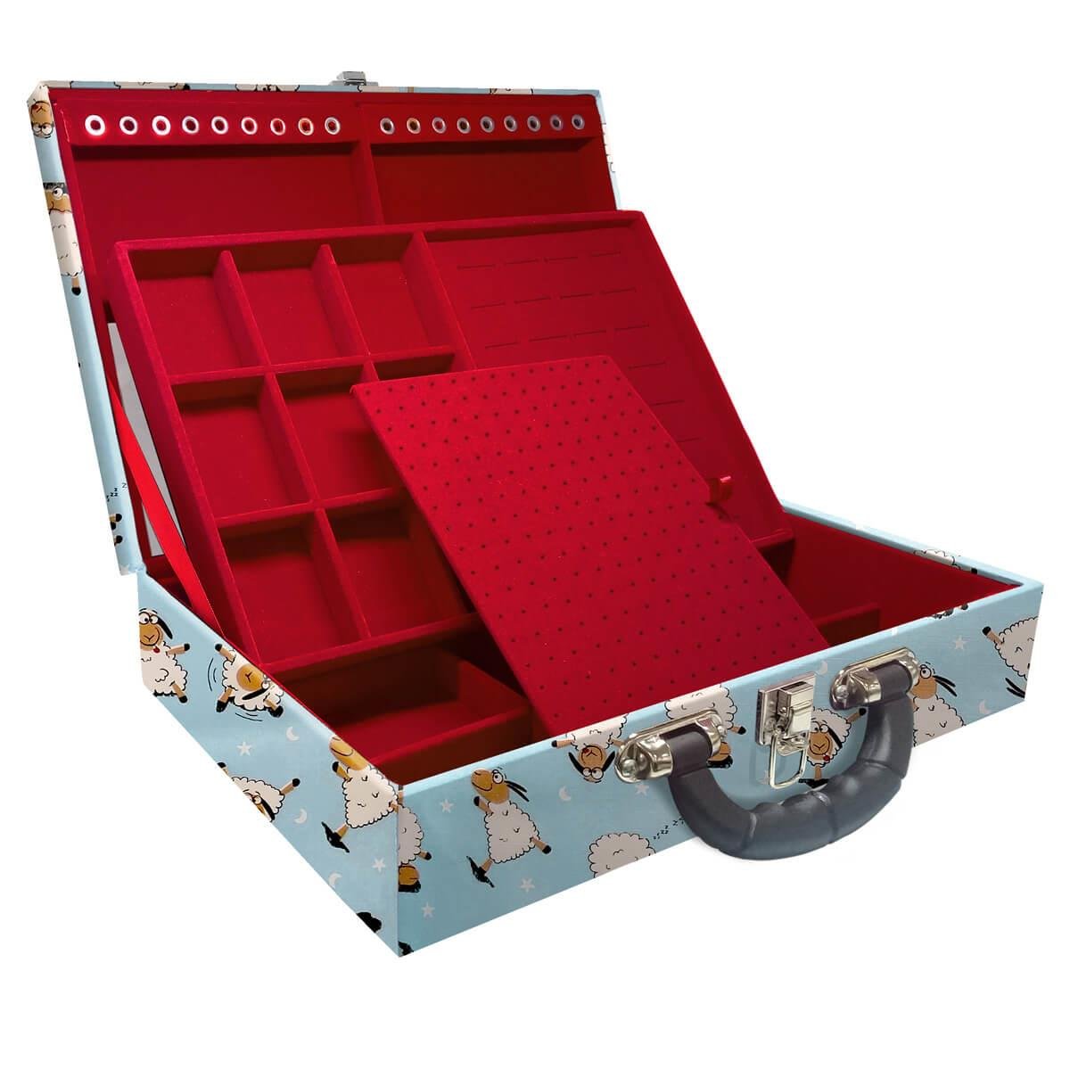 Estojo Maleta Porta Jóias Duplo Grande Ovelha Azul Com Alça Preta e Espelho