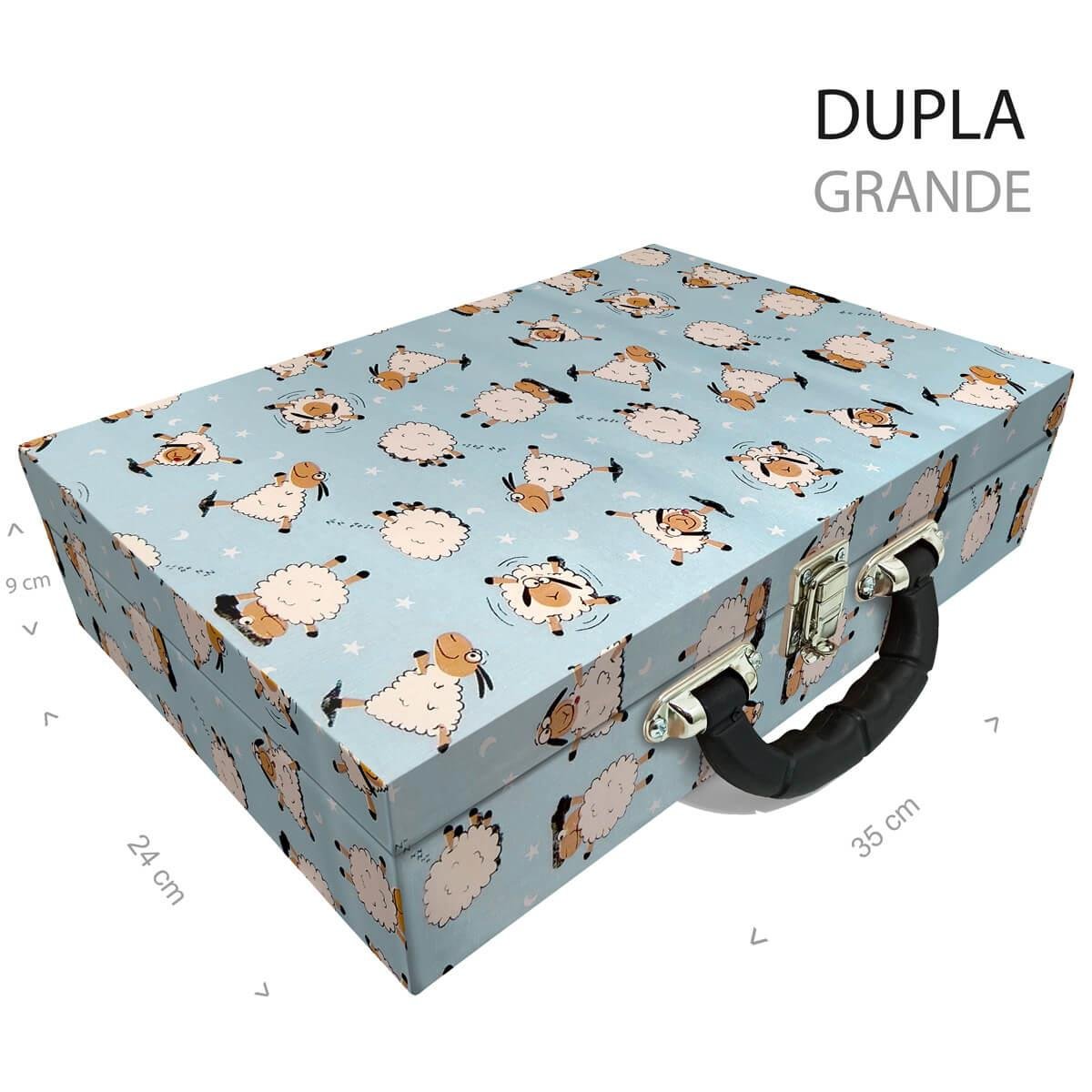 Estojo Maleta Porta Jóias Duplo Grande Ovelha Azul Com Alça Preta e Espelho