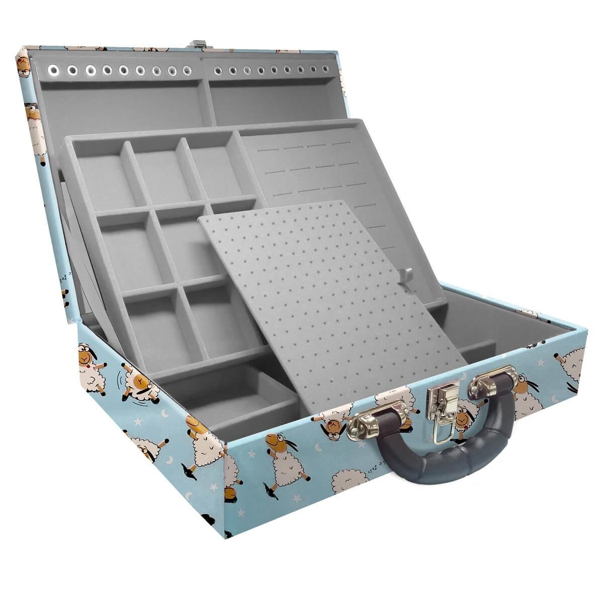 Estojo Maleta Porta Jóias Duplo Grande Ovelha Azul Com Alça Preta e Espelho