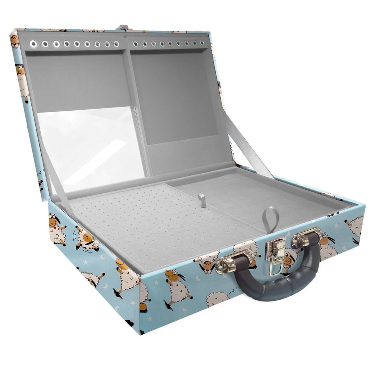 Estojo Maleta Porta Jóias Duplo Grande Ovelha Azul Com Alça Preta e Espelho