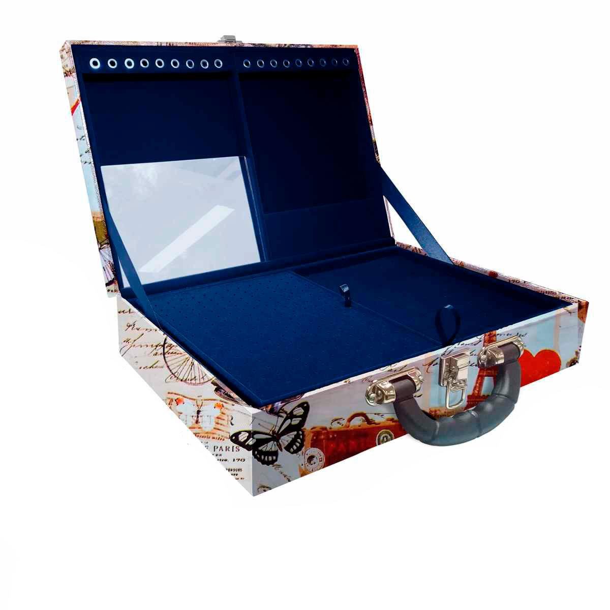 Estojo Maleta Porta Jóias Duplo Grande Paris Retro Com Alça Preta e Espelho