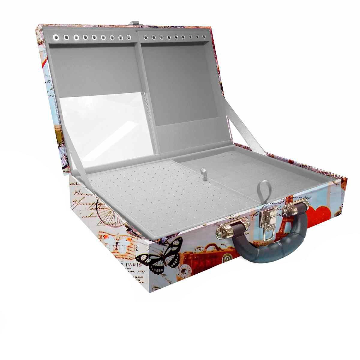 Estojo Maleta Porta Jóias Duplo Grande Paris Retro Com Alça Preta e Espelho