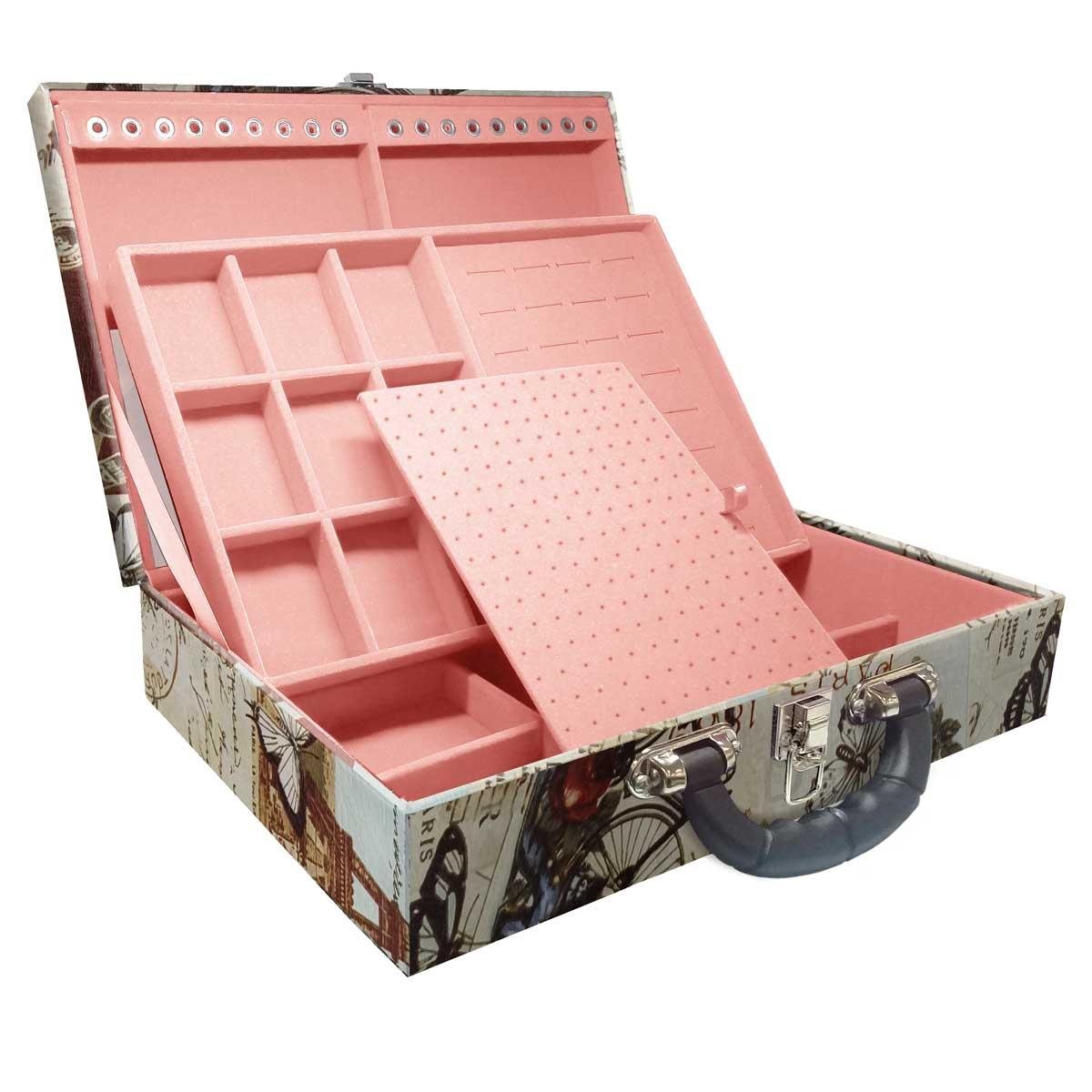 Estojo Maleta Porta Jóias Duplo Grande Paris Retro Com Alça Preta e Espelho