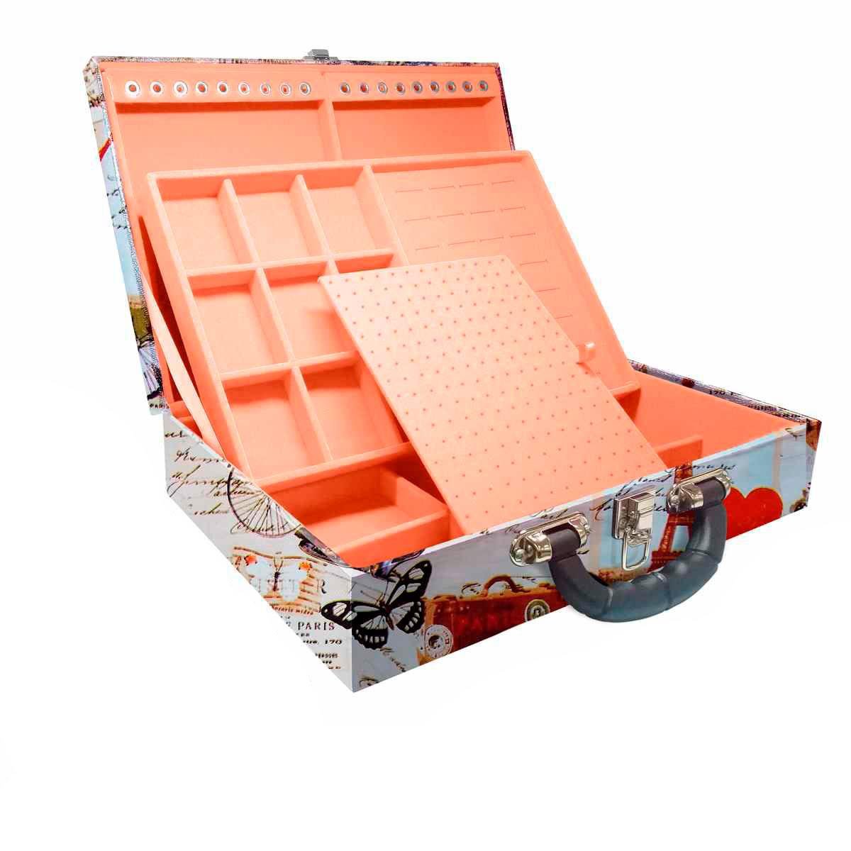 Estojo Maleta Porta Jóias Duplo Grande Paris Retro Com Alça Preta e Espelho