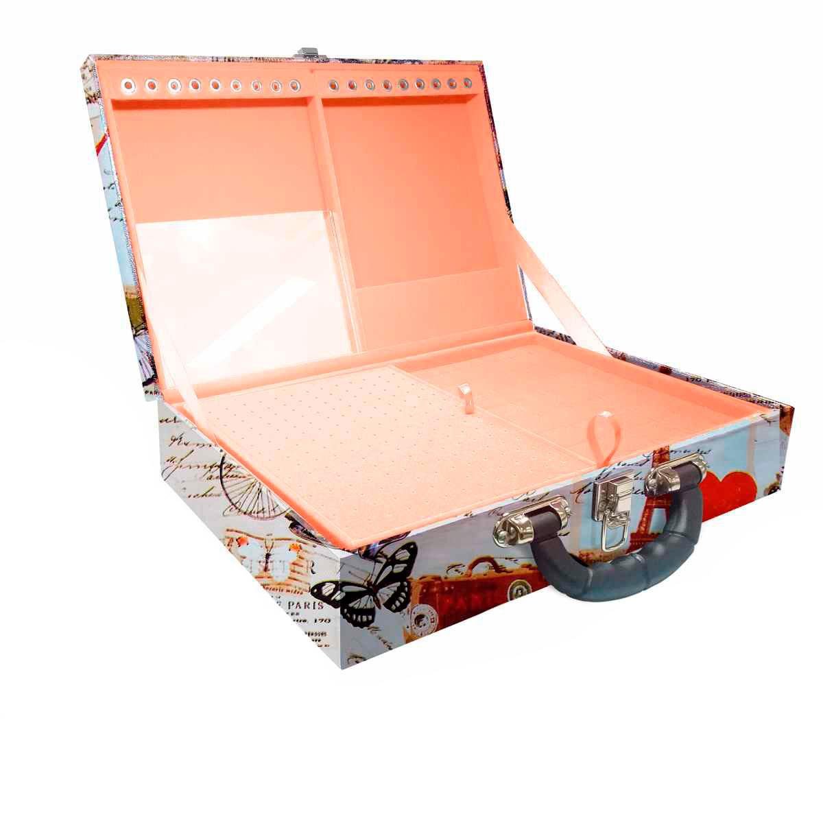 Estojo Maleta Porta Jóias Duplo Grande Paris Retro Com Alça Preta e Espelho