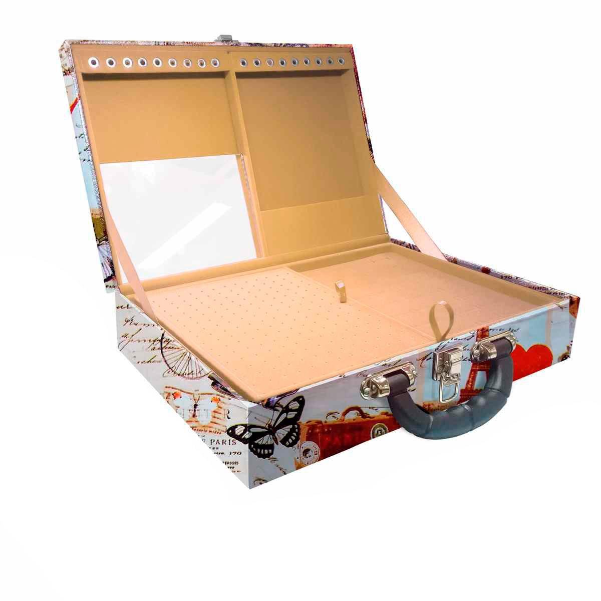 Estojo Maleta Porta Jóias Duplo Grande Paris Retro Com Alça Preta e Espelho