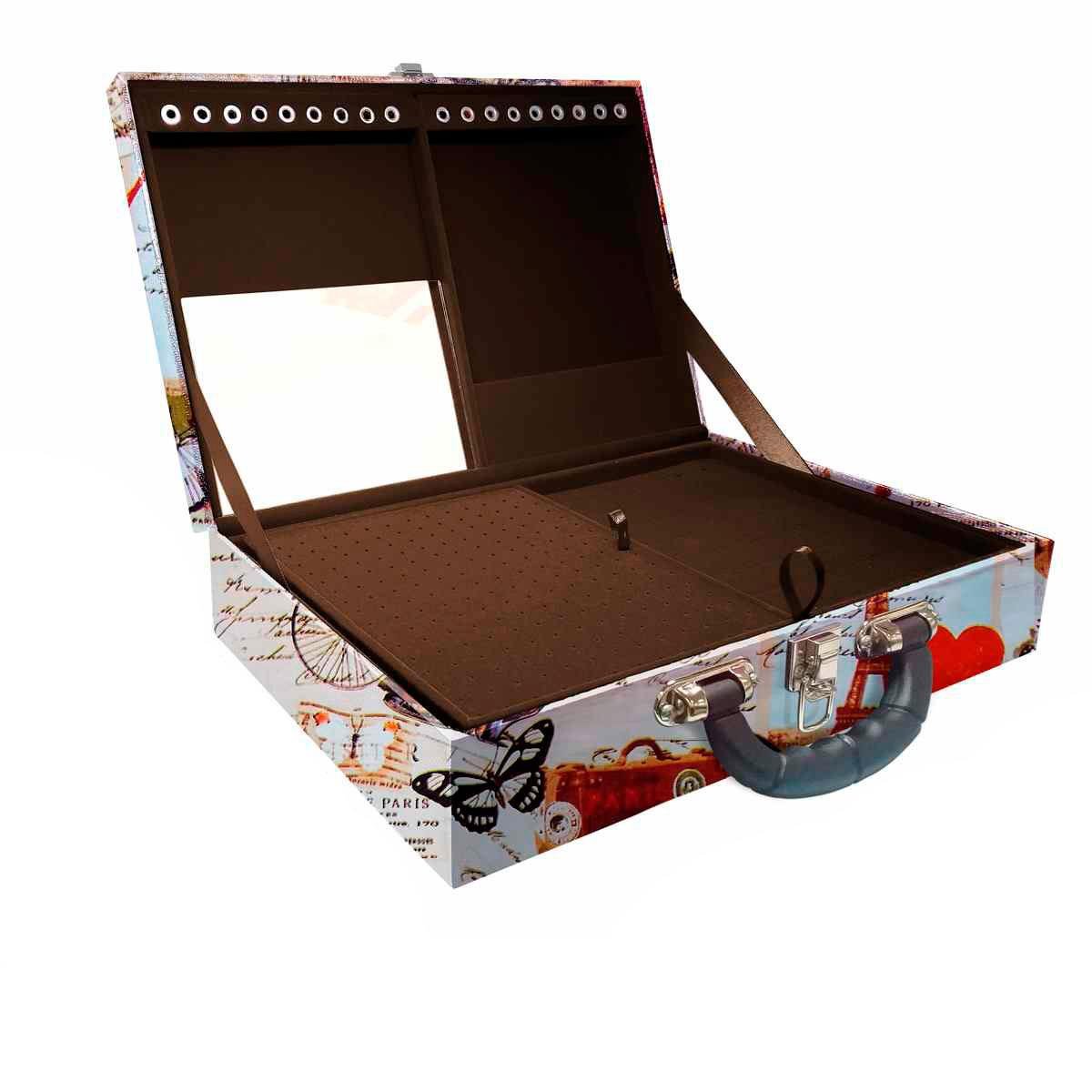 Estojo Maleta Porta Jóias Duplo Grande Paris Retro Com Alça Preta e Espelho