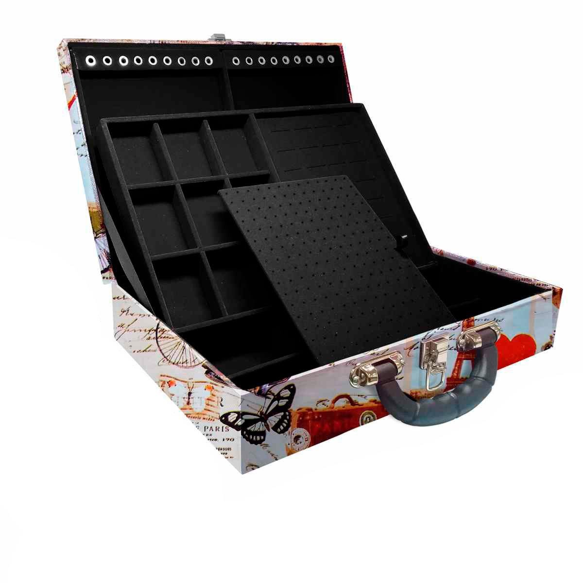Estojo Maleta Porta Jóias Duplo Grande Paris Retro Com Alça Preta e Espelho