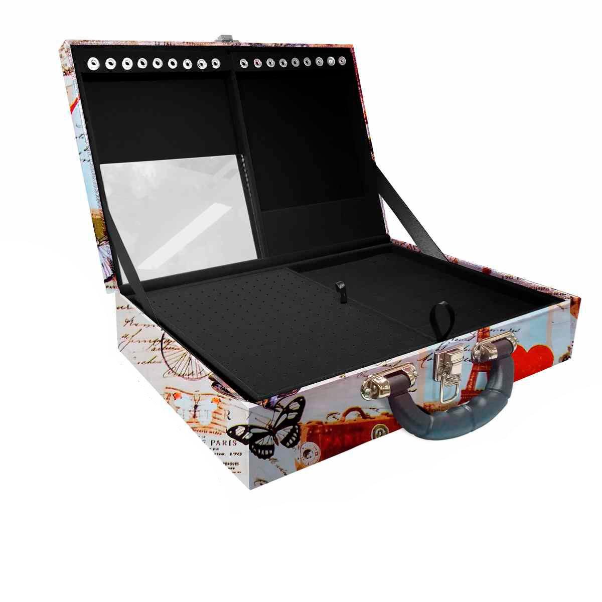 Estojo Maleta Porta Jóias Duplo Grande Paris Retro Com Alça Preta e Espelho