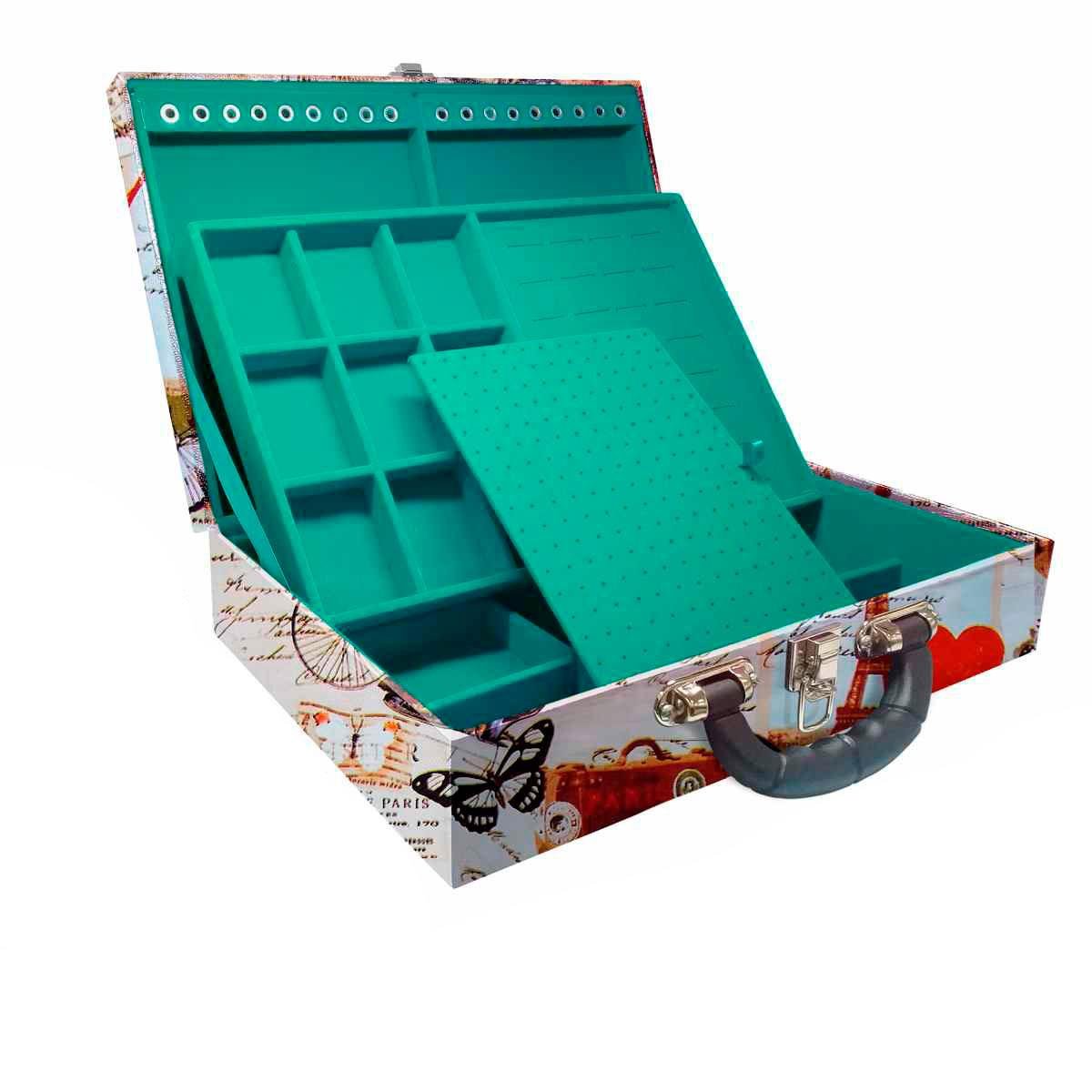 Estojo Maleta Porta Jóias Duplo Grande Paris Retro Com Alça Preta e Espelho