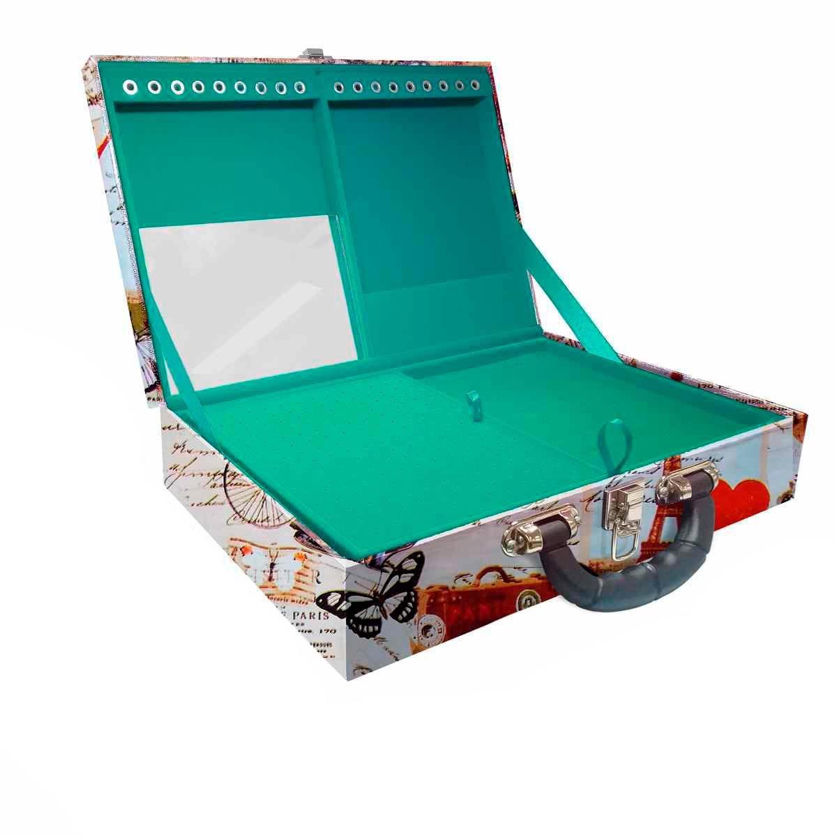 Estojo Maleta Porta Jóias Duplo Grande Paris Retro Com Alça Preta e Espelho