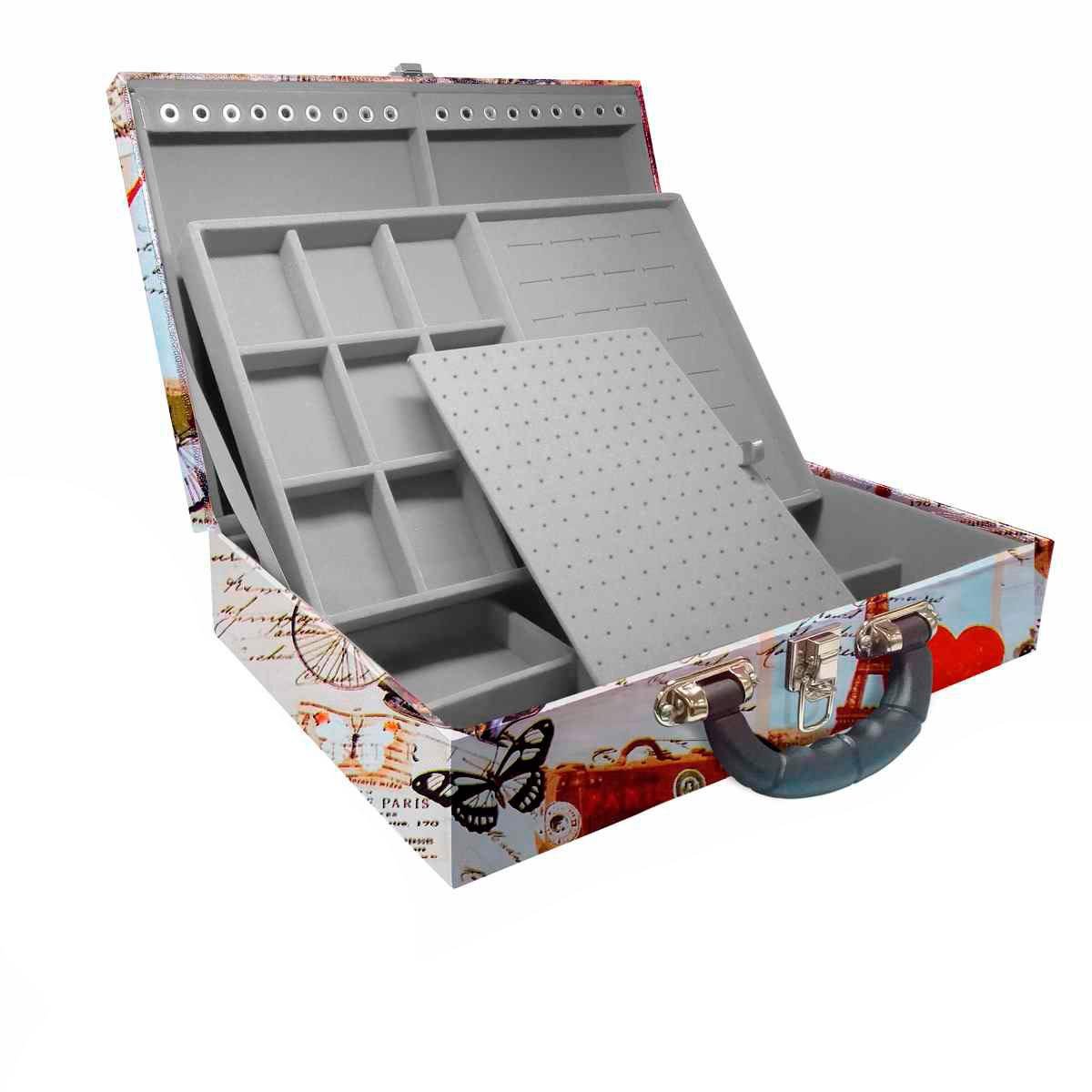 Estojo Maleta Porta Jóias Duplo Grande Paris Retro Com Alça Preta e Espelho