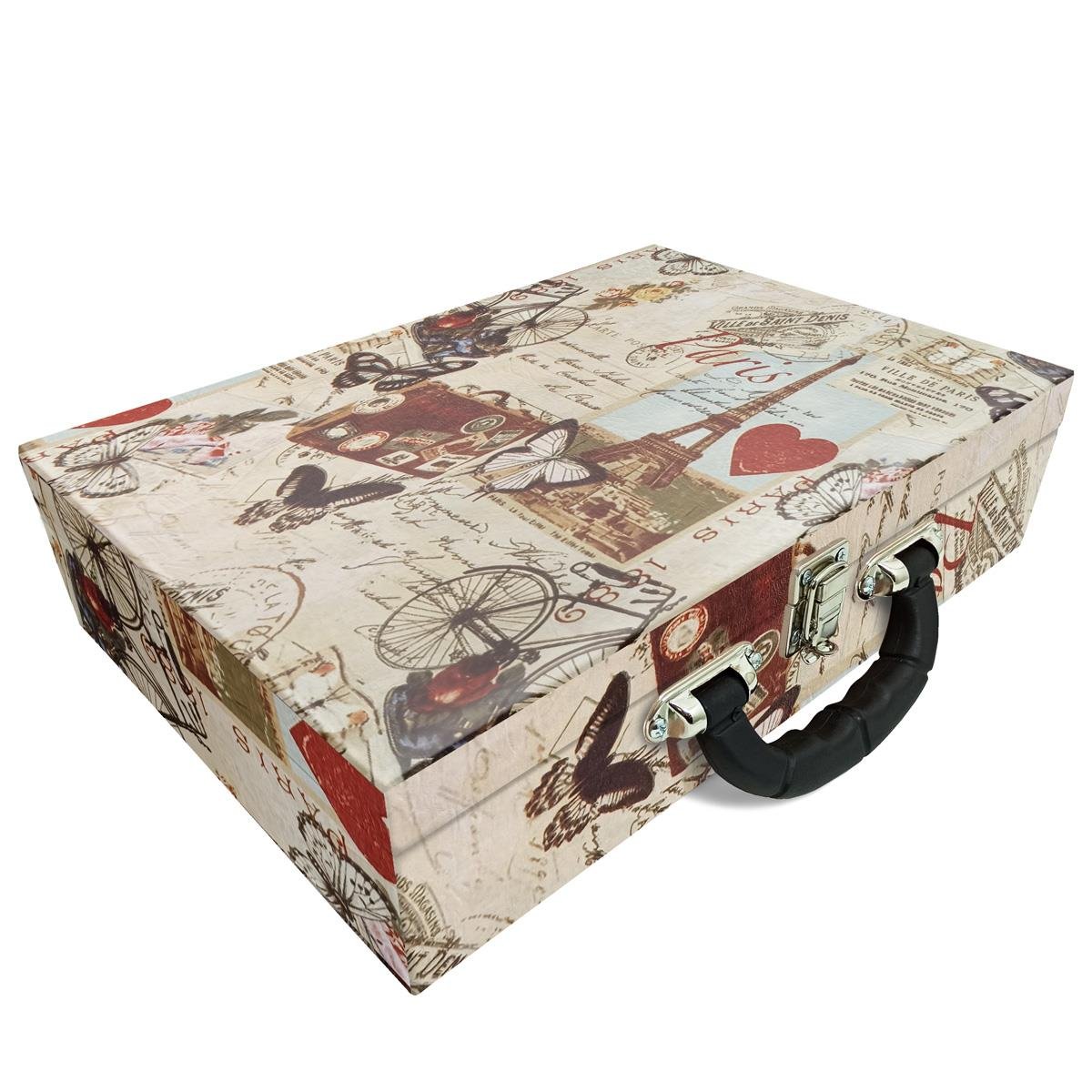 Estojo Maleta Porta Jóias Duplo Grande Paris Retro Com Alça Preta e Espelho