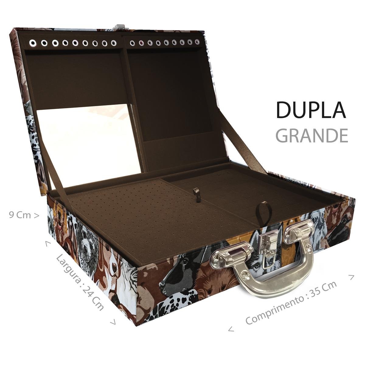 Estojo Maleta Porta Jóias Duplo Grande Dogs Com Alça Cromada e Espelho