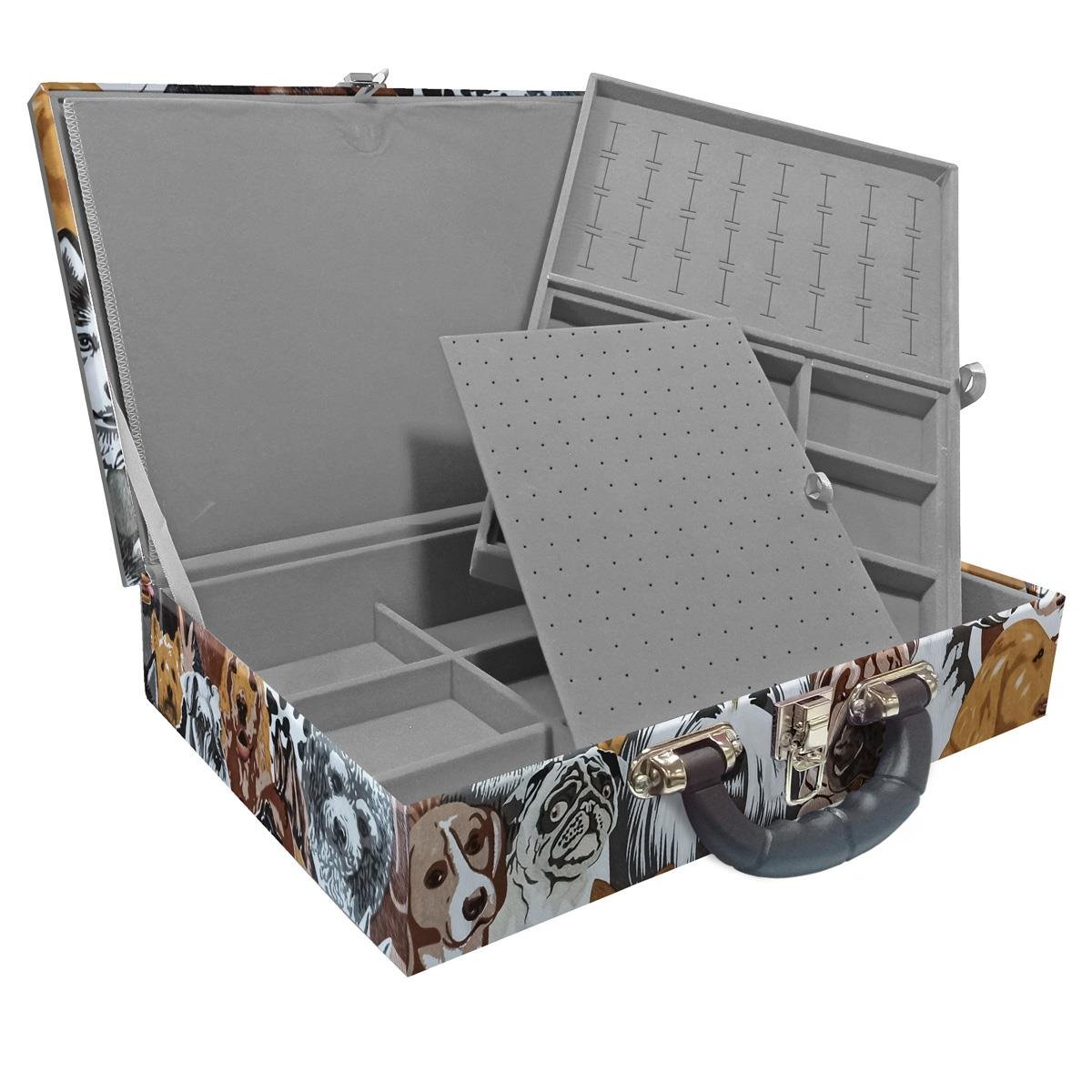 Estojo Maleta Porta Jóias Duplo Grande Dogs Com Alça Preta e Imã