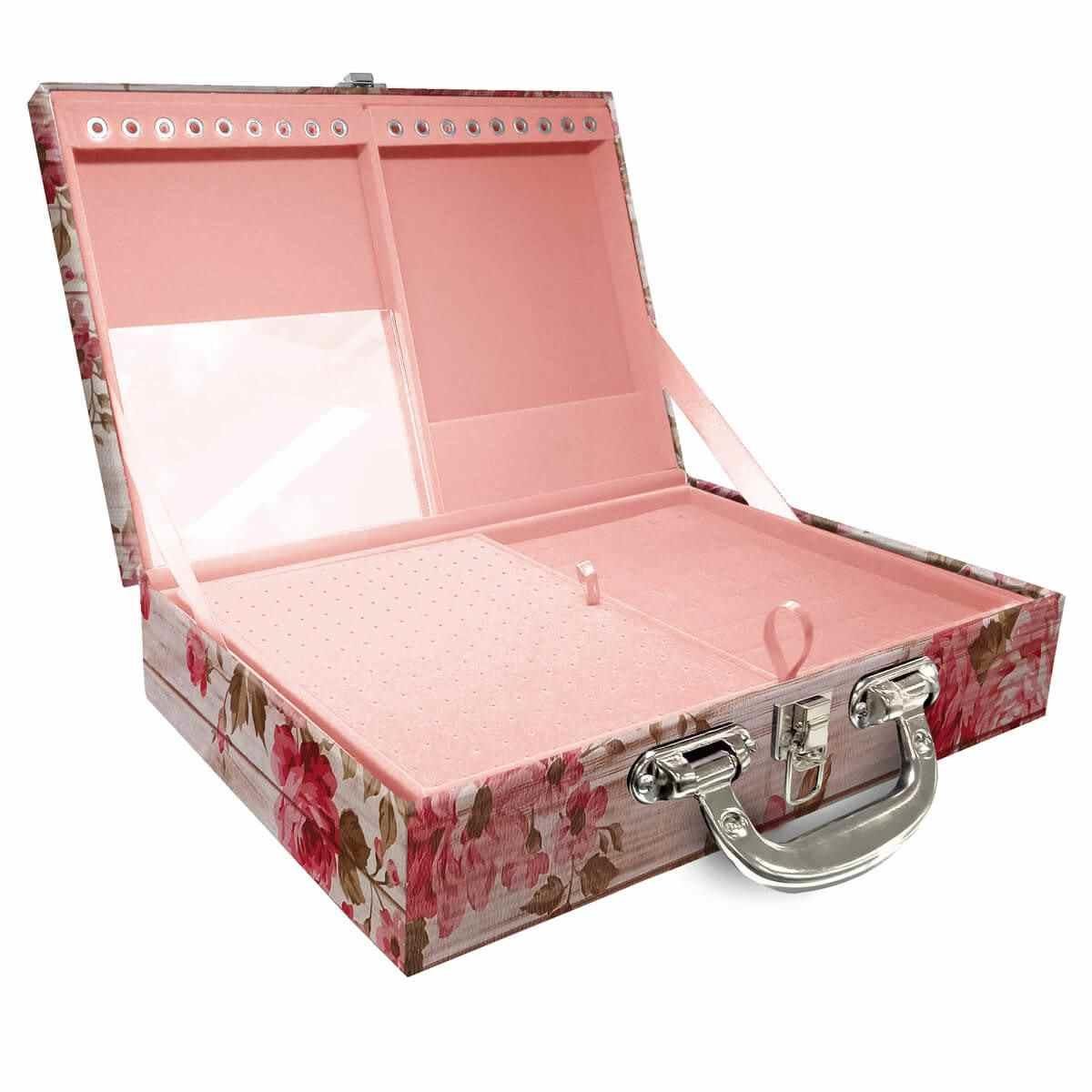 Estojo Maleta Porta Jóias Duplo Grande Romantique Com Alça Cromada e Espelho