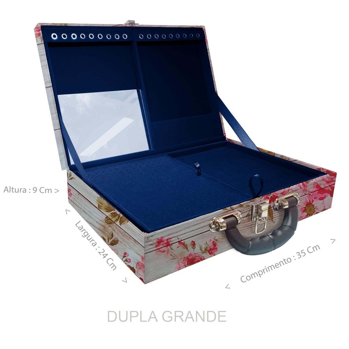 Estojo Maleta Porta Jóias Duplo Grande Romantique Com Alça Preta e Espelho