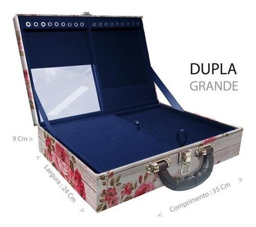 Estojo Maleta Porta Jóias Duplo Grande Romantique Com Alça Preta e Espelho