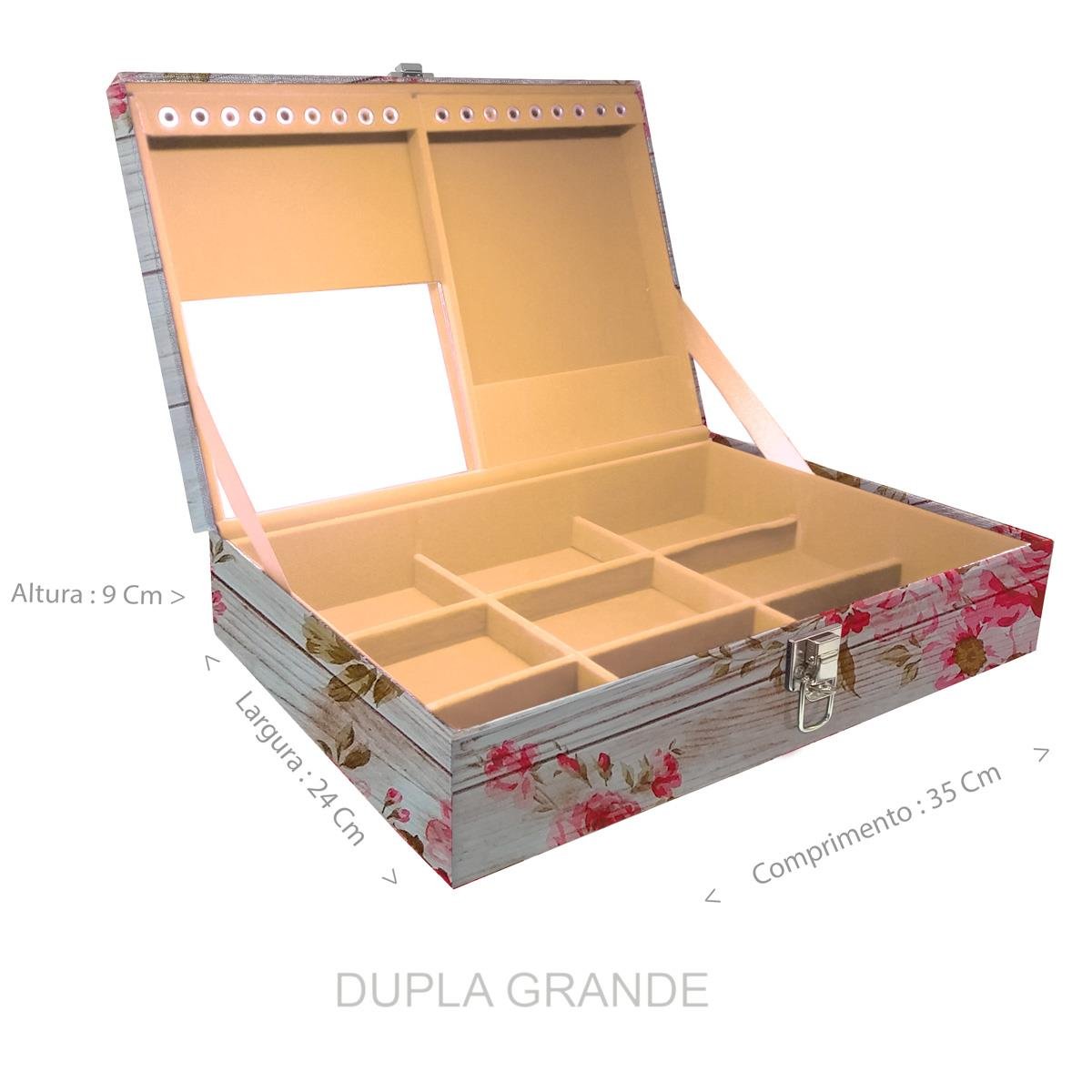 Estojo Maleta Porta Jóias Duplo Grande Romantique Com Alça Preta e Espelho
