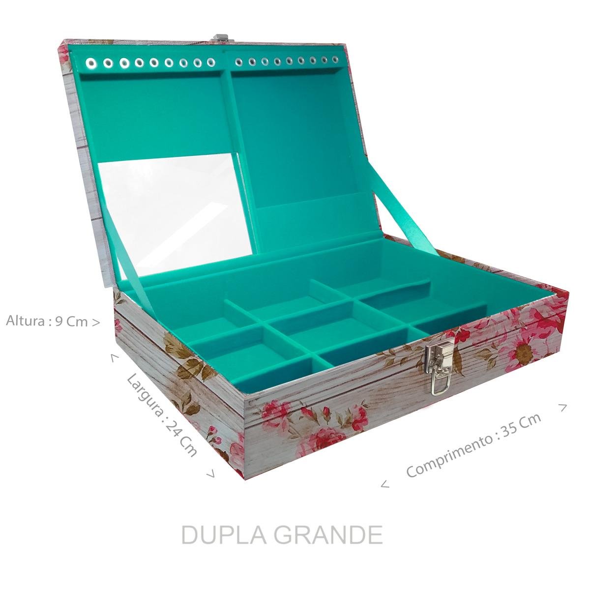 Estojo Maleta Porta Jóias Duplo Grande Romantique Com Alça Preta e Espelho