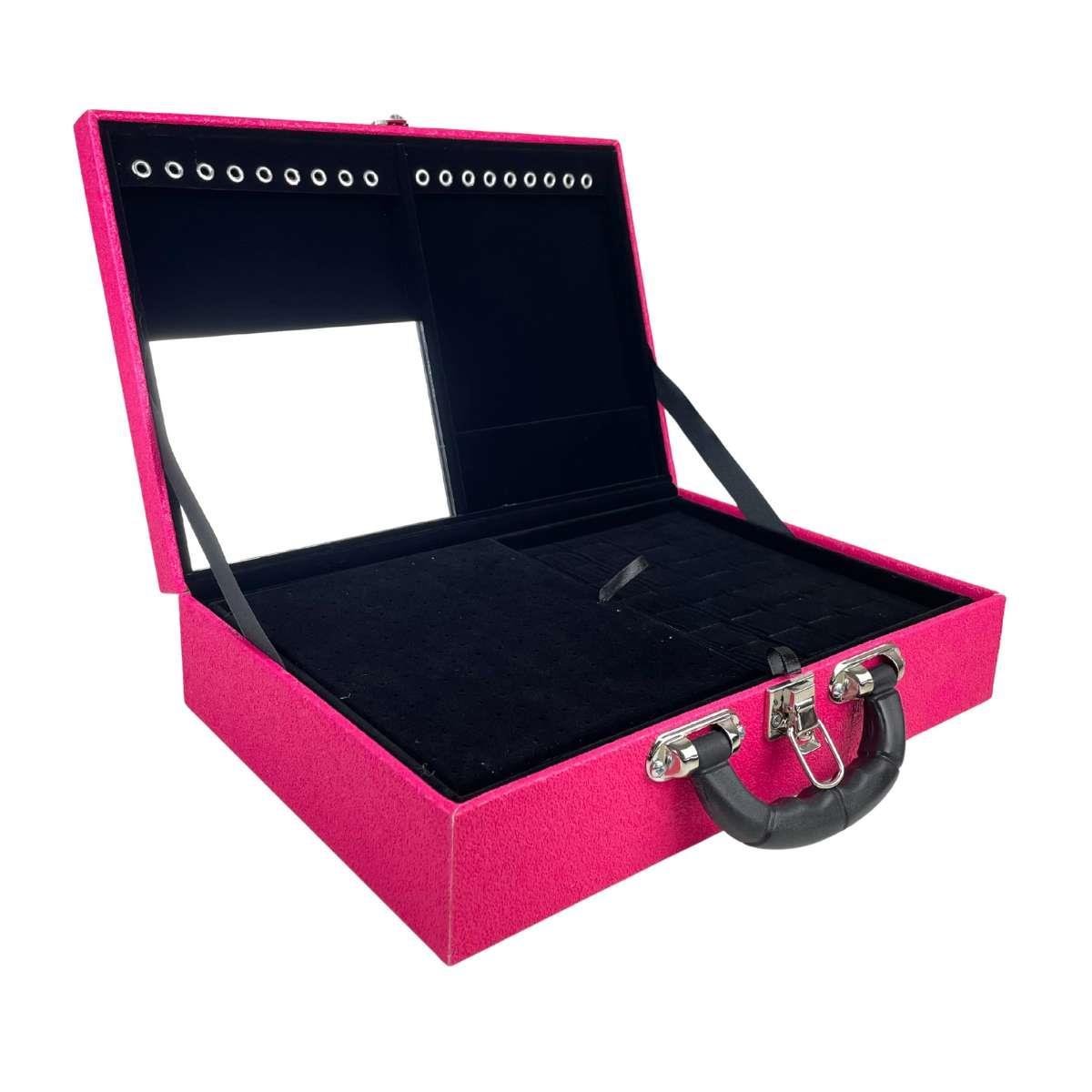 MALETA DUPLA GRANDE SHINE PINK COM ALÇA PRETA E ESPELHO