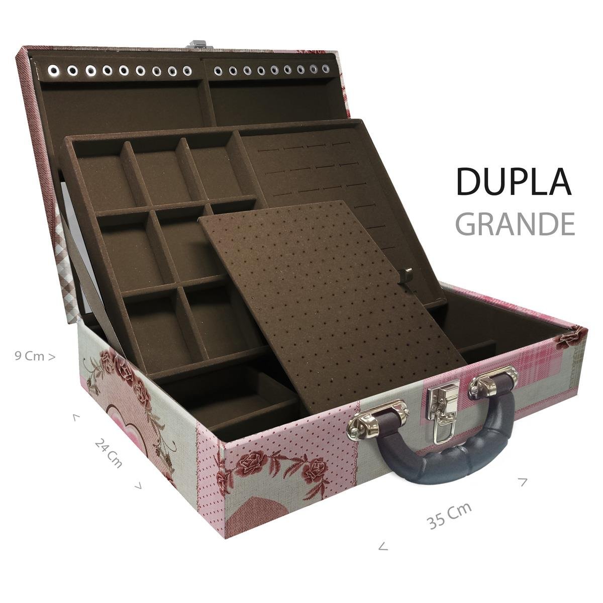 Estojo Maleta Porta Jóias Duplo Grande Sweet Home Com Alça Preta e Espelho
